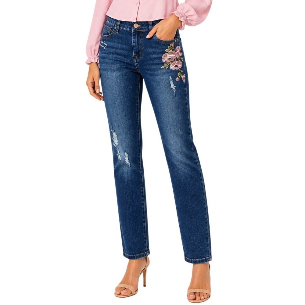 Angel Kiss Skinny Jeans Womens 7 Blue Floral Embroidered Mid Rise Distressed